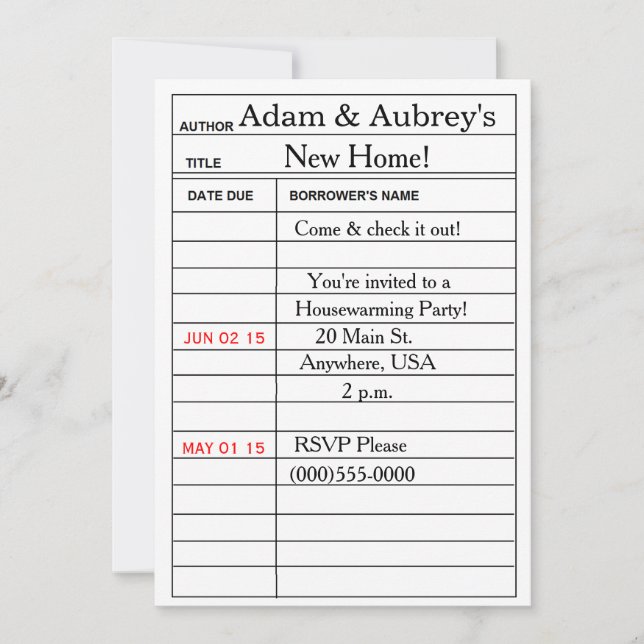 "Library Card" Housewarming Invitations (Front)