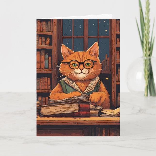 library cat #21 greeting card (Front)