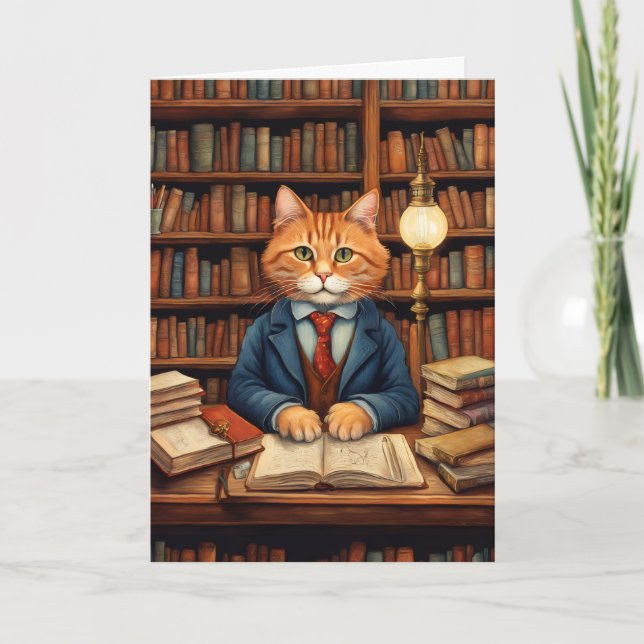 library cat #3 greeting card  (Front)