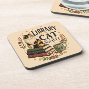 Library Cat Society Bookish Calico Beverage Coaster