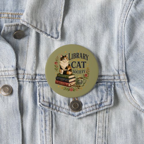 Library Cat Society Bookish Calico Button