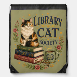 Library Cat Society Bookish Calico Drawstring Bag