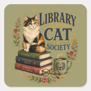 Library Cat Society Bookish Calico Square Sticker