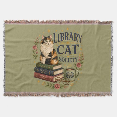 Library Cat Society Bookish Calico Throw Blanket