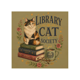 Library Cat Society Bookish Calico Wood Wall Art