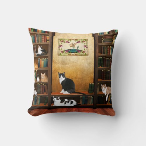 Library cats throw pillow
