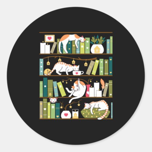 Library cats _ whimsical cats on the book shelves classic round sticker