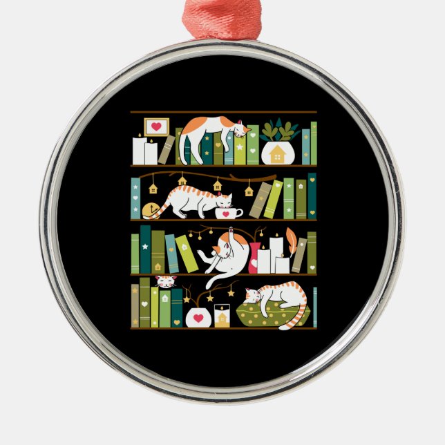 Library cats - whimsical cats on the book shelves metal ornament (Front)