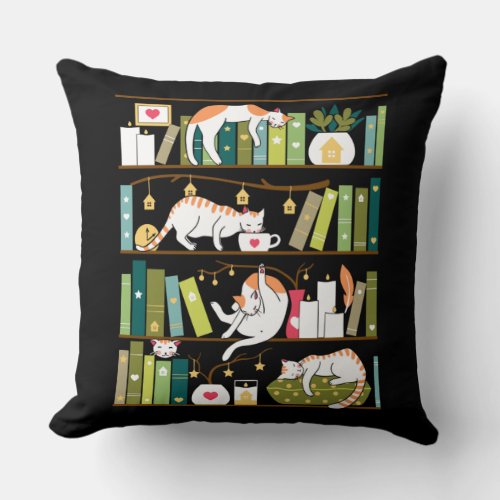 Library cats _ whimsical cats on the book shelves throw pillow