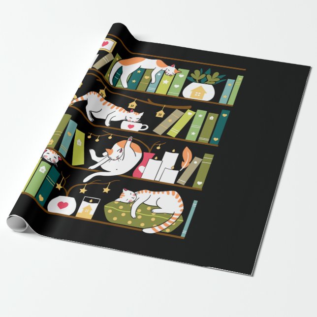 Library cats - whimsical cats on the book shelves wrapping paper (Unrolled)