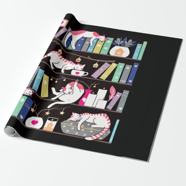 Library cats winter colour version wrapping paper (Unrolled)