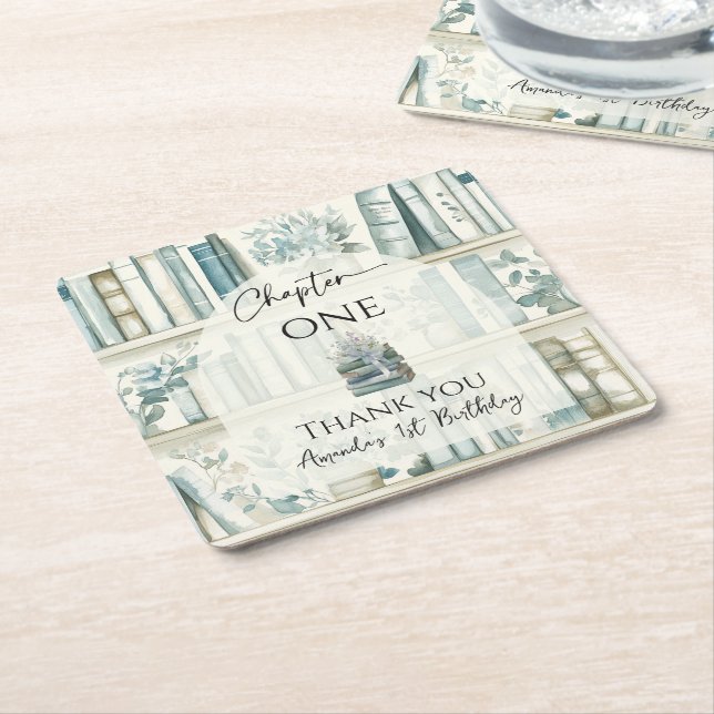 Library Chapter ONE Blue Boy Book 1st Birthday Square Paper Coaster (Angled)