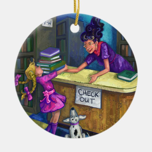 Library Check Out Artwork Ceramic Ornament (Front)