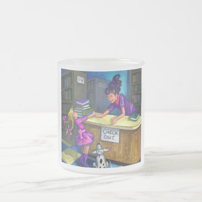 Library Check Out Artwork Frosted Glass Coffee Mug (Center)