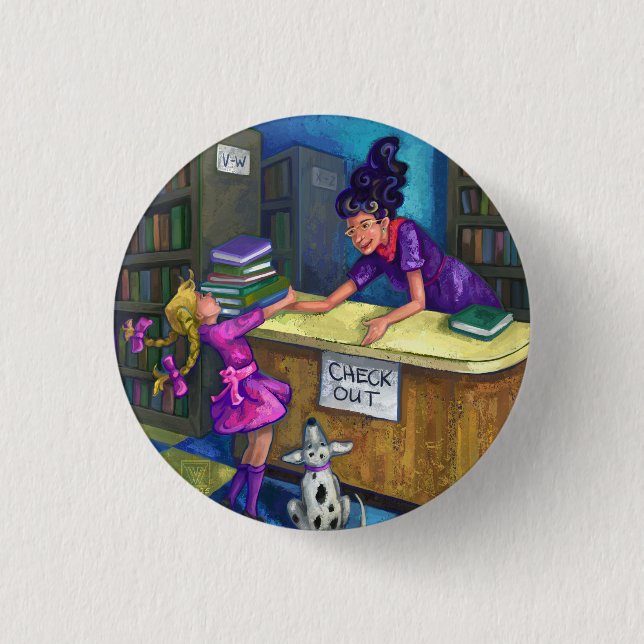 Library Check Out Artwork Pinback Button (Front)