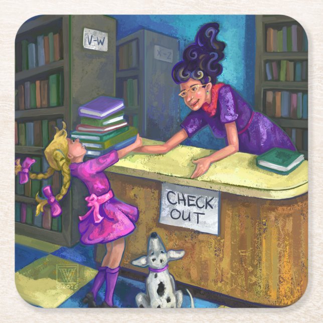 Library Check Out Square Paper Coaster (Front)