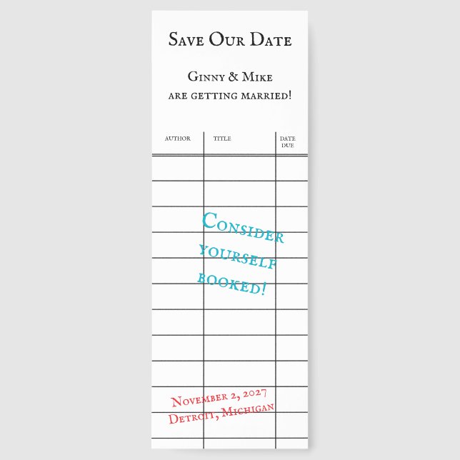 Library Checkout Card Save the Date Bookmarks (Front)