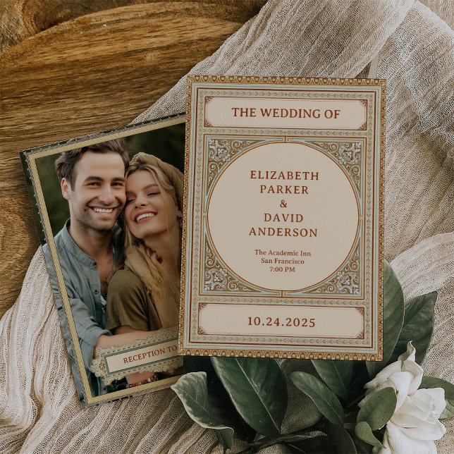 Library | Elegant Vintage Frame with Photo Wedding Invitation (A classic, vintage academia wedding look in an elegant neutral color scheme, with your photo on back)