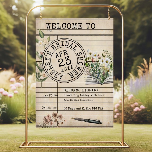 Library Floral Books Bridal Shower 24x36 Welcome Foam Board (Unique elegant vintage library card watercolor floral books bridal shower 24x36" large welcome sign)