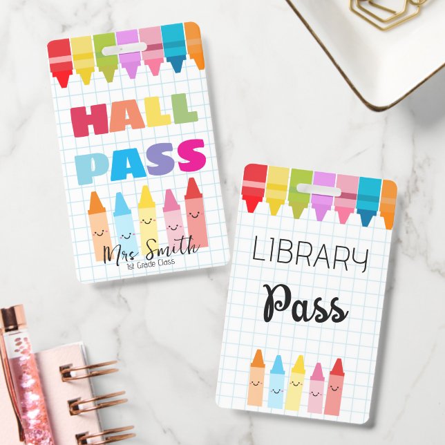 Library Hall Pass Crayon Border Lanyard Badge (Office)