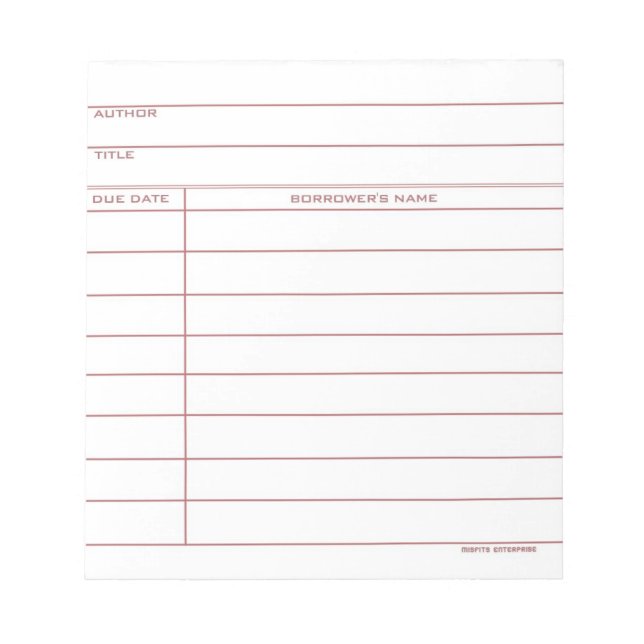 Library Pocket Card - Pink Notepad (Front)