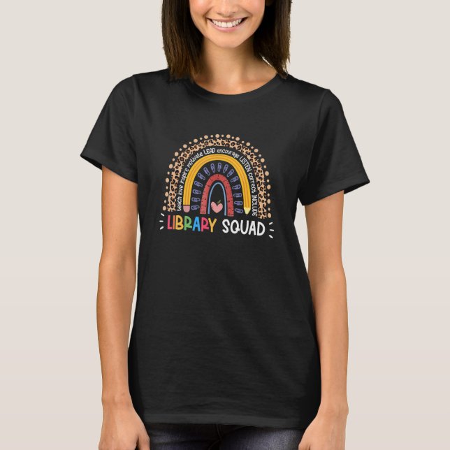 Library Squad Rainbow Leopard Teacher 100 days of  T-Shirt (Front)