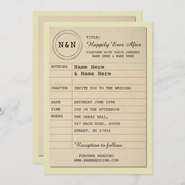 Library Wedding Invitation Book Theme Invite (Front/Back)