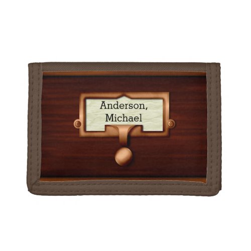 Library Wood Card Catalog Book Drawer  Name Trifold Wallet