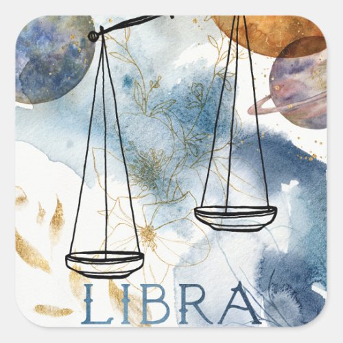 Libras scales birthday zodiac astrology blue gold square sticker