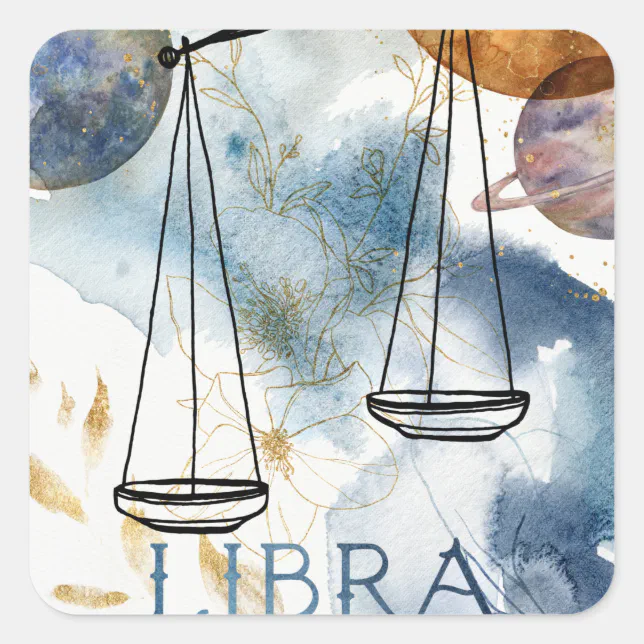 Libras scales birthday zodiac astrology blue gold square sticker Zazzle