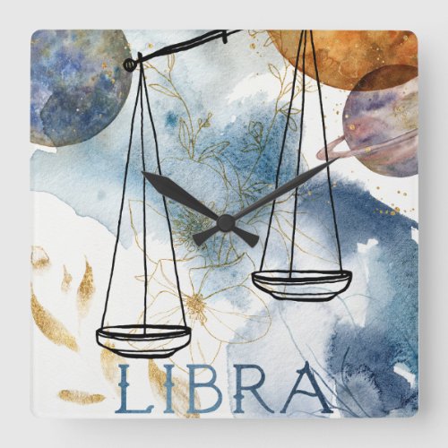 Libras scales birthday zodiac astrology blue gold square wall clock