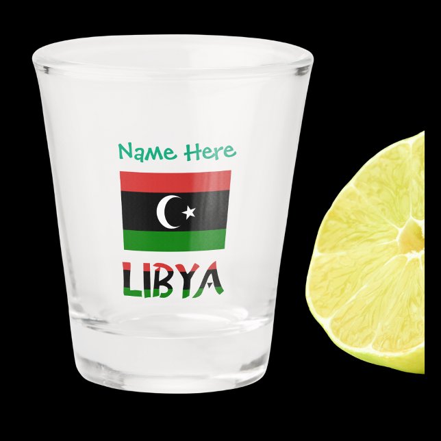 Libya Libyan Flag Green Personalized  Shot Glass (Shot glass with Libyan flag and the word LIBYA below in colors of the flag. Add a name above.)