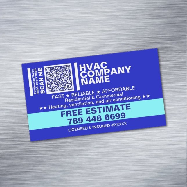 Licence & Qr Code | Blue Professional HVAC  Business Card Magnet (best hvac business cards)