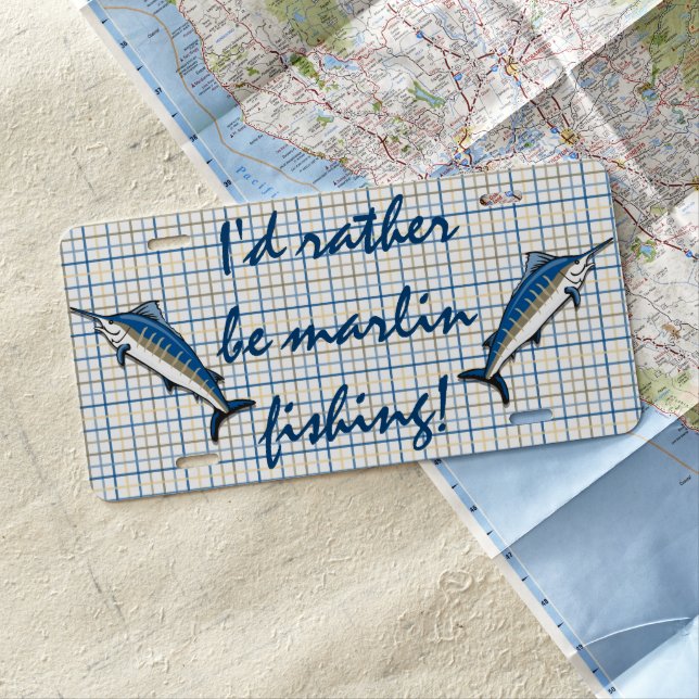 License Plate - Blue Marlin on Plaid (In Situ)