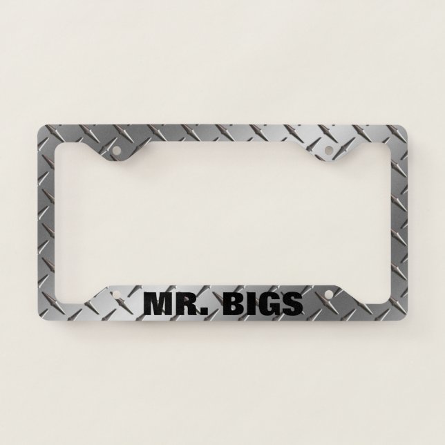 License Plate Frame - Diamond Plate Silver - Text (Front)