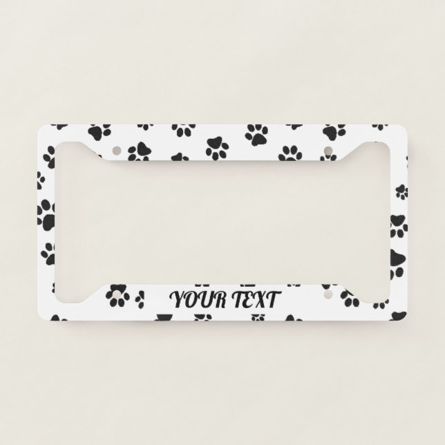 License Plate Frame - Paw Prints White Black (Front)