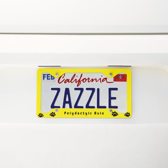 License Plate Frame - Polydactyls Rule Yellow (On Car)
