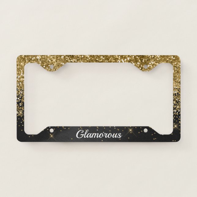 License Plate Frame -Your Text Glitter Gold Black (Front)