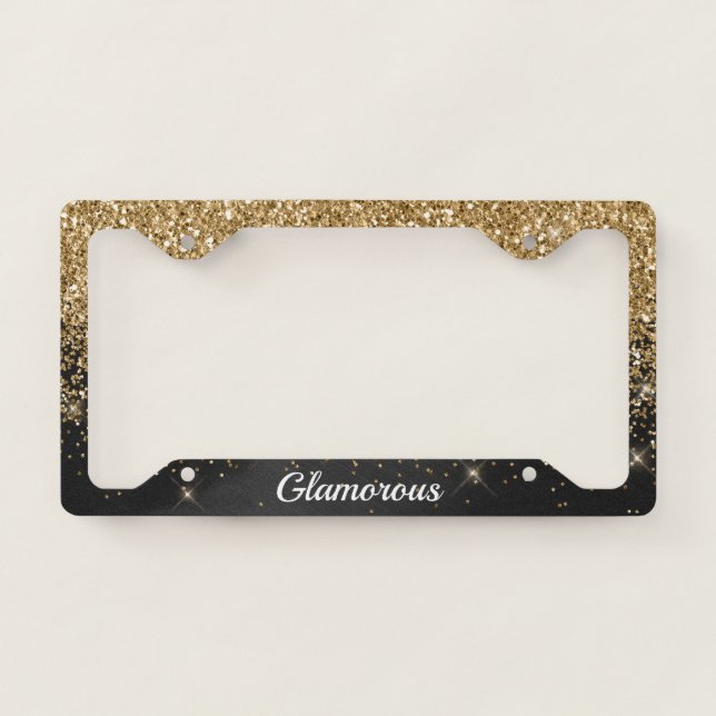 License Plate Frame -Your Text Glitter Gold Black (Front)