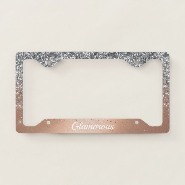 License Plate Frame -Your Text Glitter Gold Rose (Front)