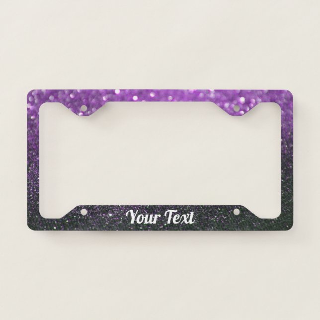 License Plate Frame-Your Text Glitter Purple Black Frame (Front)