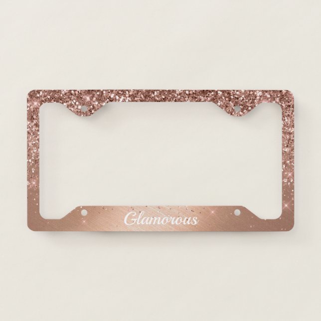 License Plate Frame -Your Text Glitter Rose Gold (Front)