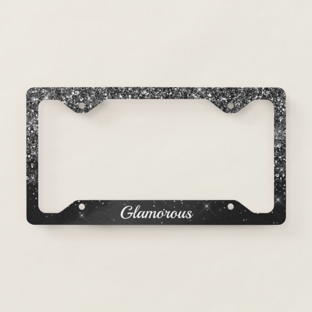 License Plate Frame -Your Text Glitter SilverBlack (Front)