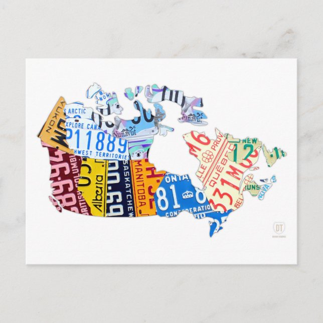 License Plate Map of Canada on White Postcard (Front)
