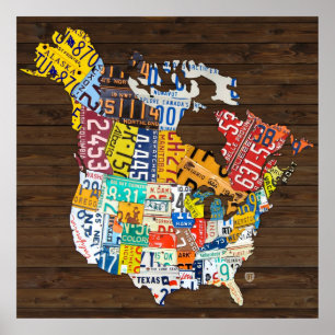License Plate Map of North America - Canada and US Poster