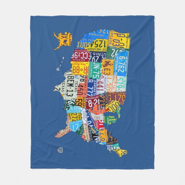 License Plate Map of the USA Blue Fleece Blanket (Front)