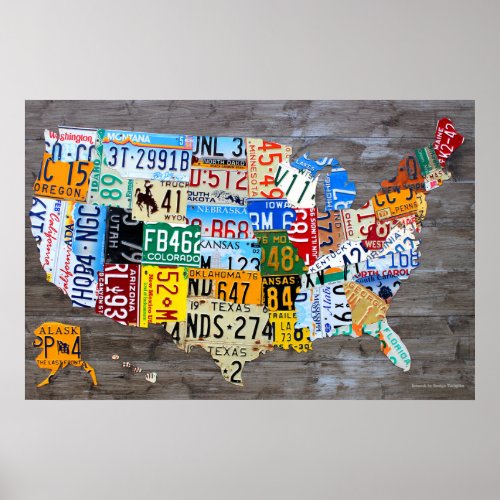 License Plate Map of the USA on Gray Wood 2016 Poster