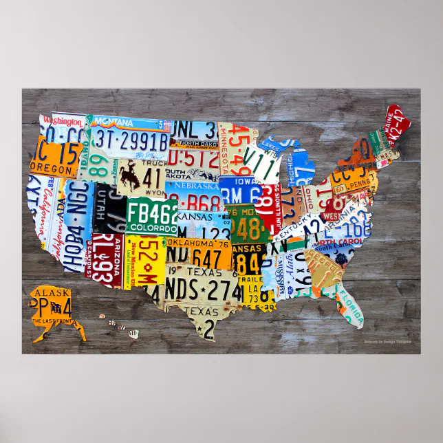 License Plate Map of the USA on Gray Wood 2016 Poster | Zazzle