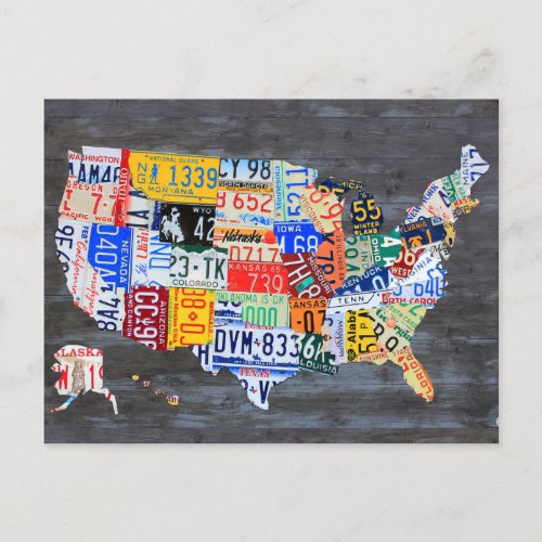 License Plate Map of the USA on Gray Wood Planks Postcard