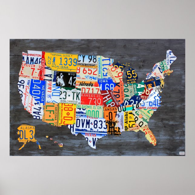 License Plate Map of the USA on Gray Wood Planks Poster (Front)
